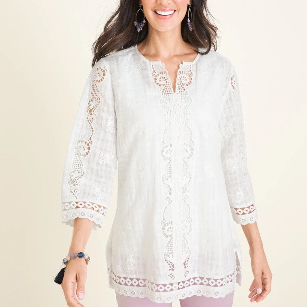 Chico's Lace Crochet Eyelet Trim Blouse White Peasant Top Size 3 16/18 H13471 - Picture 1 of 12